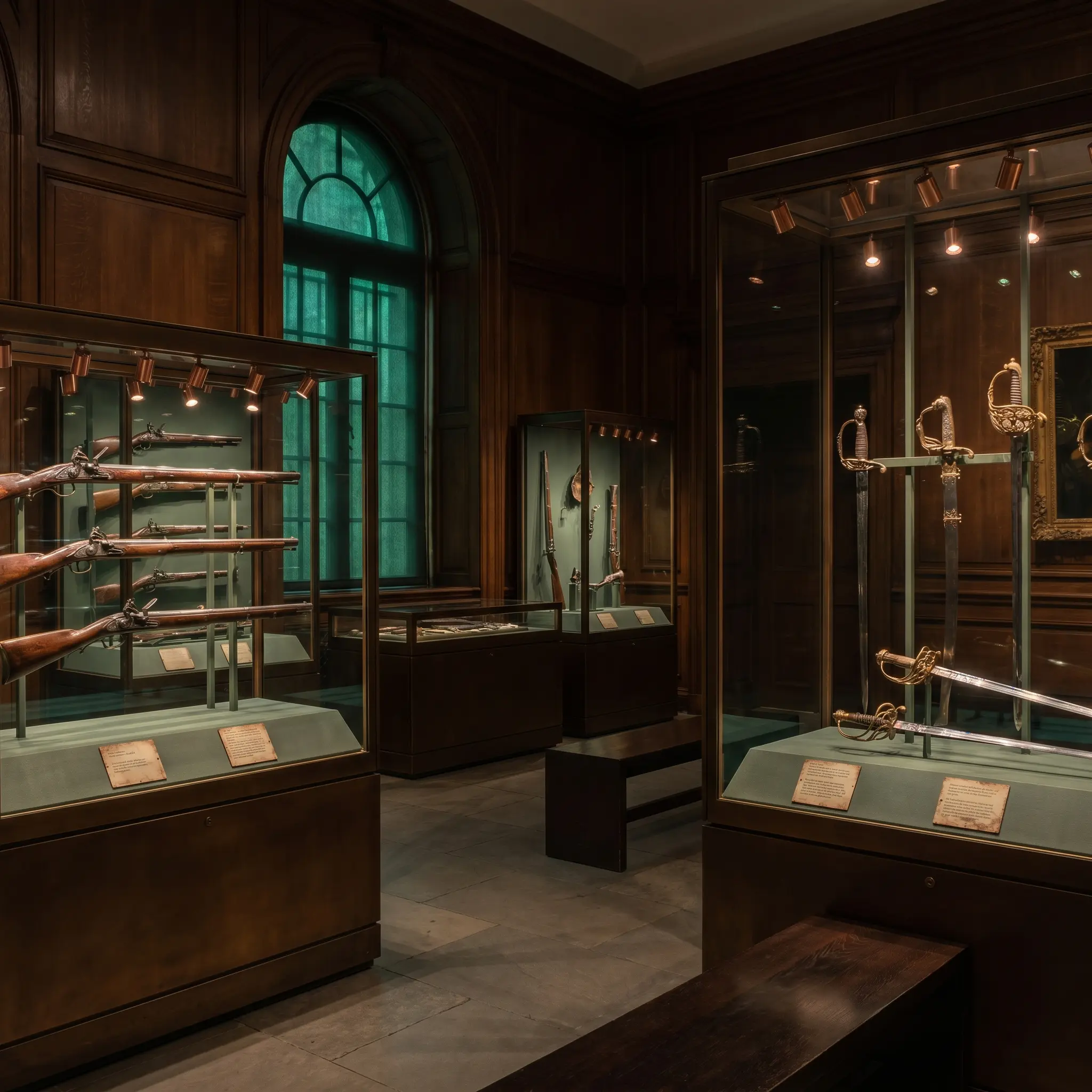 Historical arms displayed behind museum glass for public education