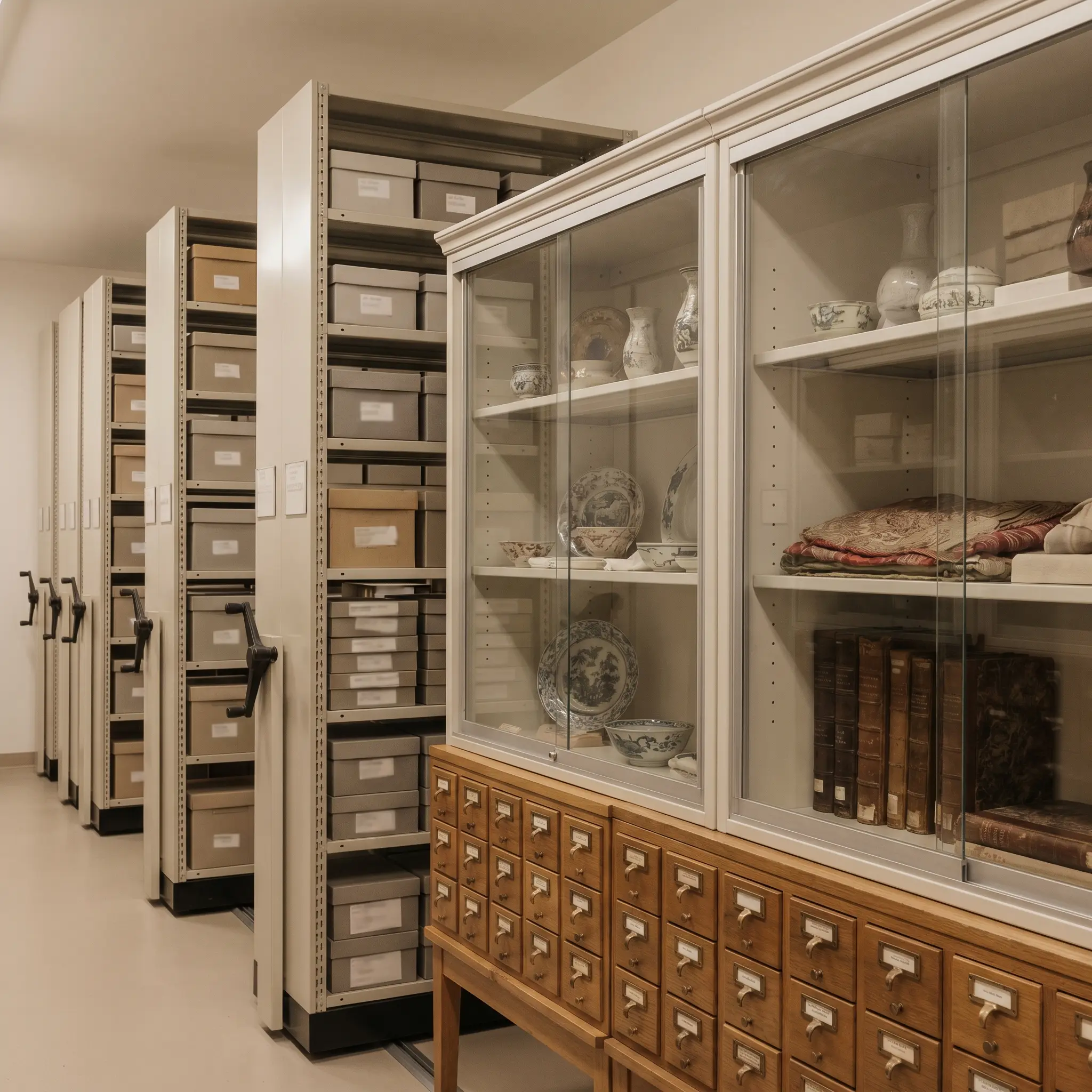 Museum conservation shelves and catalog drawers for historical artifacts